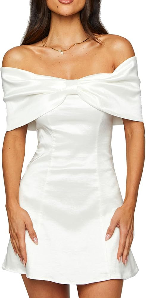SCOFEEL Women's Mini Bow Bodycon Dress Off Shoulder Sleeveless Cocktail Party Short Fitted Dress | Amazon (US)