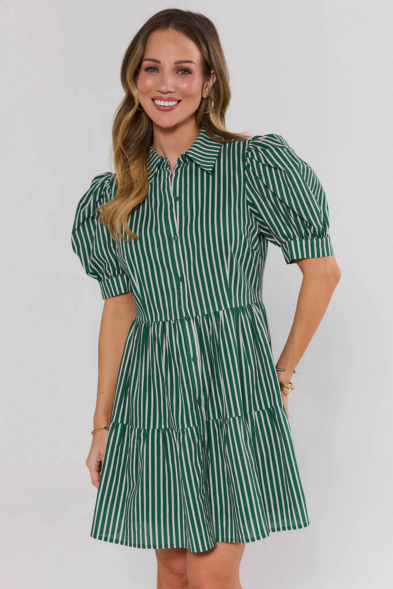Green Stripe Puff Sleeve Short Dress | Avara