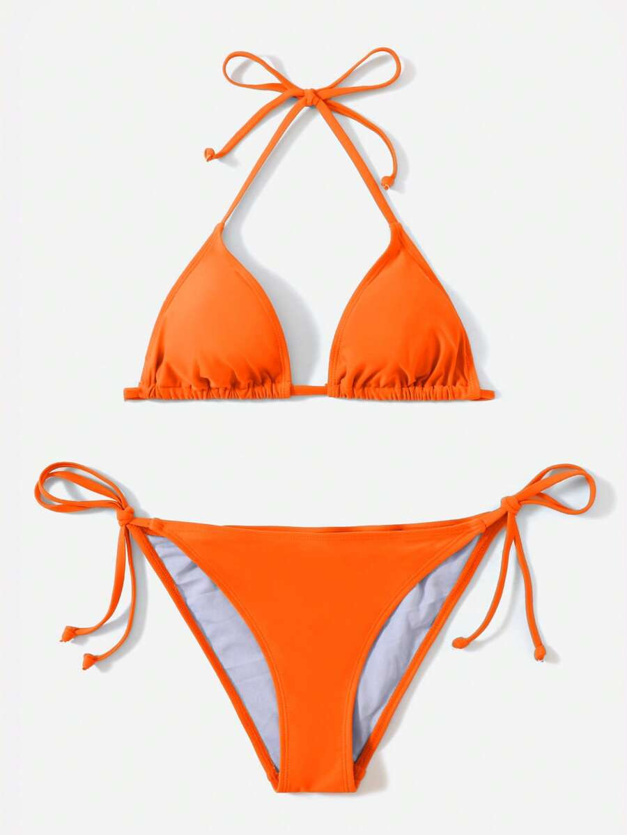 SHEIN Swim Summer Beach Solid Triangle Tie Side Bikini Set | SHEIN