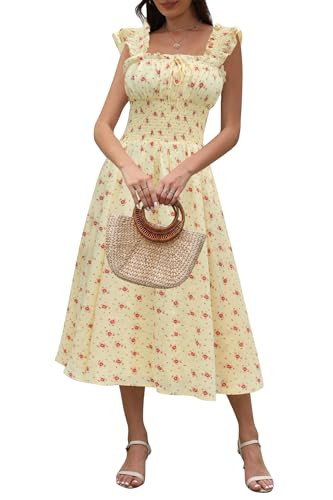 Women's 2026 Spring Summer Floral Midi Dresses Square Neck Smocked Waist Beach Wedding Guest Long... | Amazon (US)