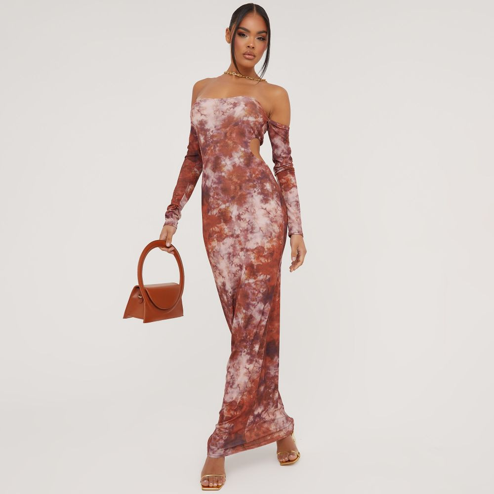 Bardot Long Sleeve Open Back Detail Maxi Dress In Brown Acid Print | EGO Shoes (US & Canada)