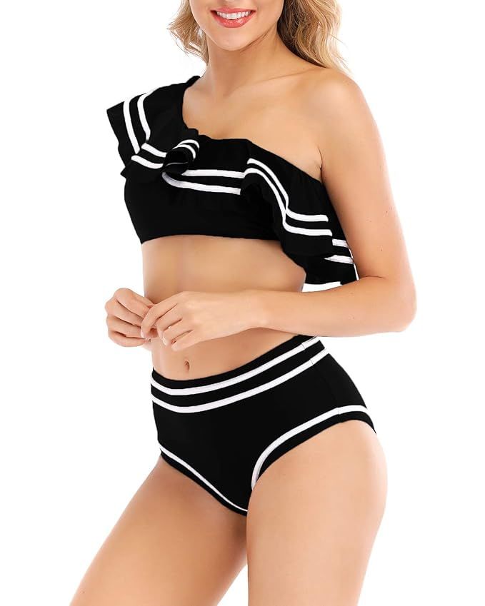 Women 2 Piece Vintage Navy Flounce One Shoulder Crop Top with High Waist Bottom Bikini Set Swimwe... | Amazon (US)