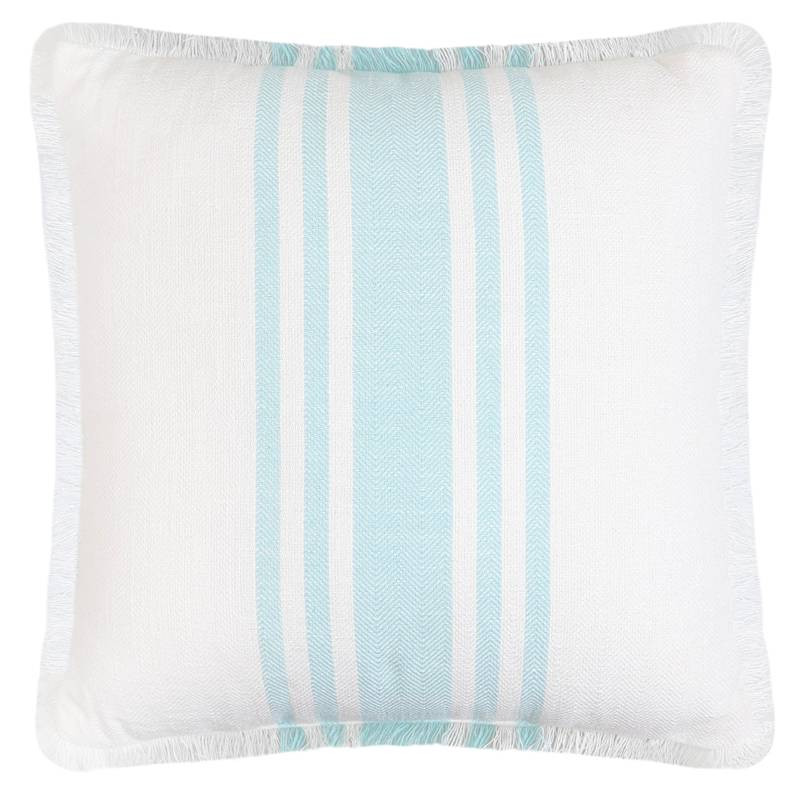 Light Blue & White Yarn Dyed Woven Pillow with Fringe, 18" | At Home
