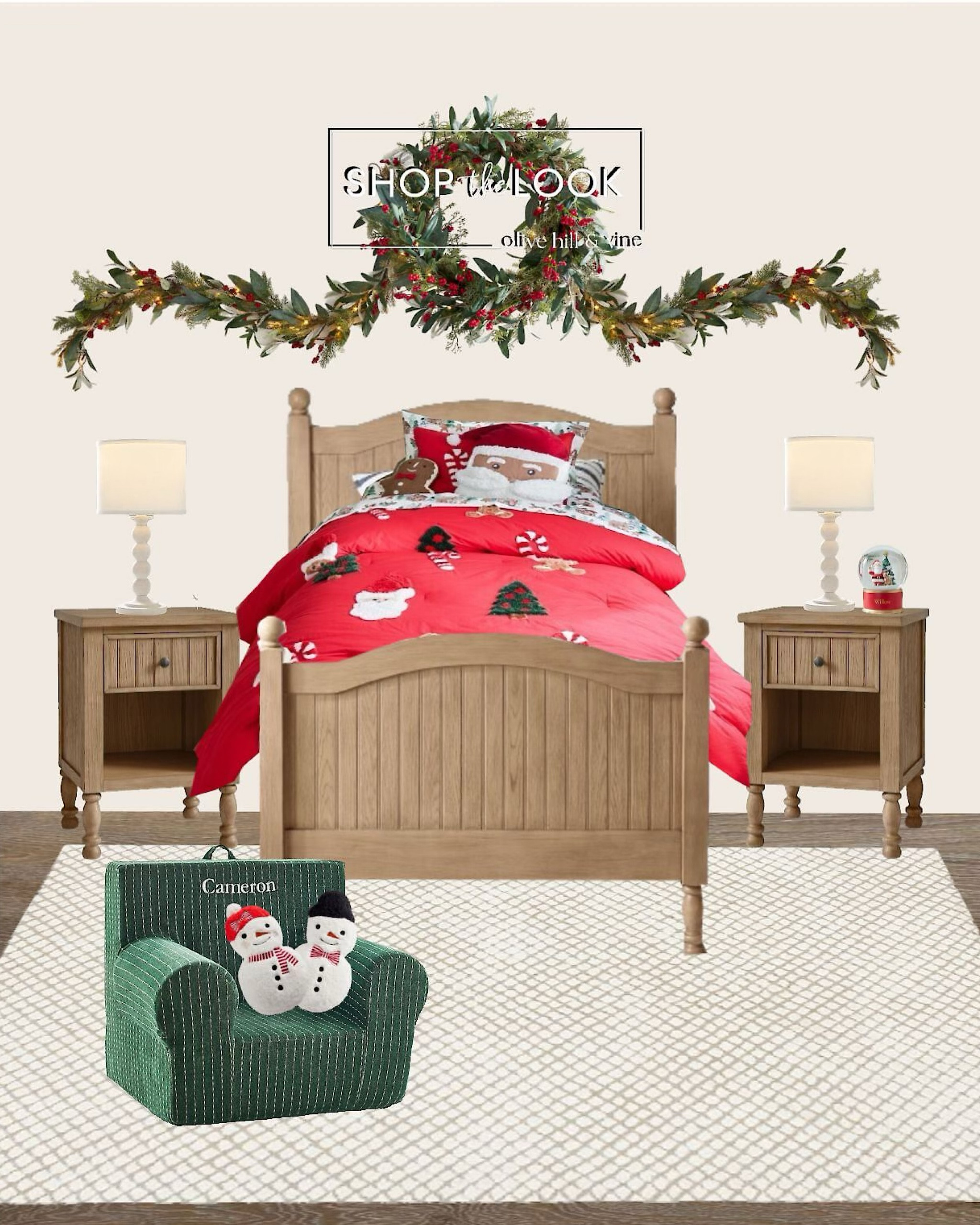 Holiday cheer belongs in every room—even the kids' bedrooms! Swap in festive favorites like a holiday comforter and sham set, Santa sheets, gingerbread and Santa-shaped pillows, a snowman and snowgirl duo, a lit eucalyptus and berry wreath, garland, and a Santa & Rudolph snow globe. 

#LTKSeasonal #LTKHoliday #LTKHome