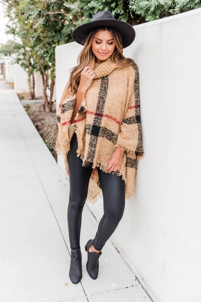 Stay Classy Tan Plaid Poncho | The Pink Lily Boutique
