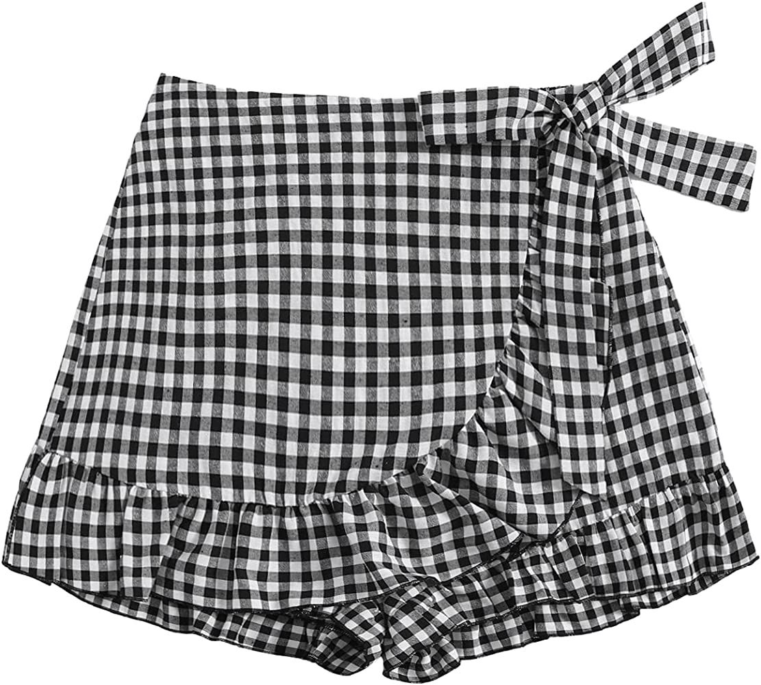 SheIn Women's Gingham Ruffle Skort Wrap Tie Side Elastic Mini Skirt Shorts | Amazon (US)