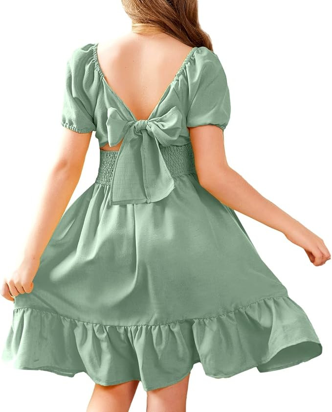 Arshiner Girls Tie Back Short Sleeve Ruffle Hem Off Shoulder Casual Elegant Dresses 4-12 Years | Amazon (US)