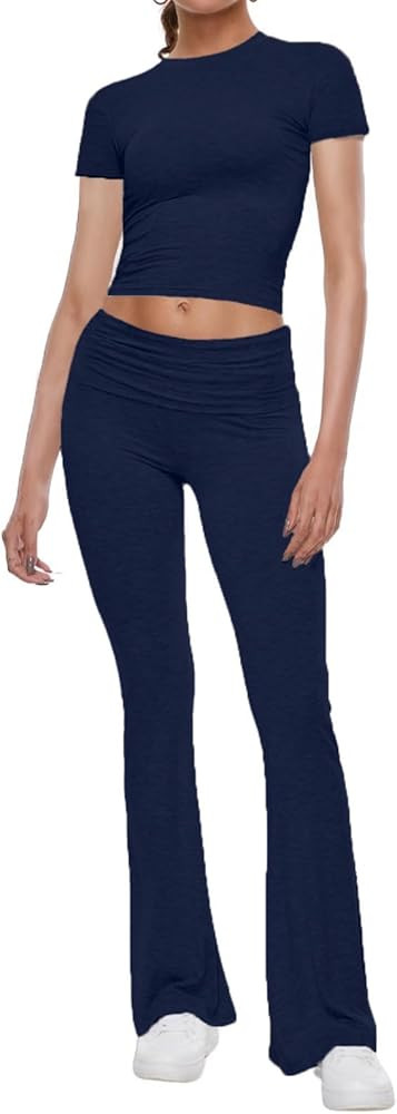 AnotherChill Women's 2 Piece Lounge Sets Fold-over Flare Pants Set Short Sleeve Crop Top Casual O... | Amazon (US)