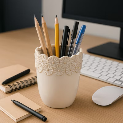 Flower and Scallop Border Ceramic Desk Organizer - Cute Desktop and Office Storage Organizer for Workspace Decor - 4", Ivory | Target