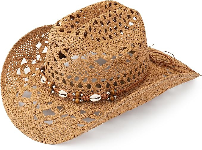 Straw Cowboy Hat, Western Cowgirl Hat, Wide Brim Sun Beach Hat for Men and Women | Amazon (US)