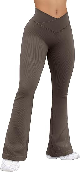 OQQ Women's Flared Pants Ribbed Cross Over High Waist Bell Bottoms Lounge Travel Pants | Amazon (US)