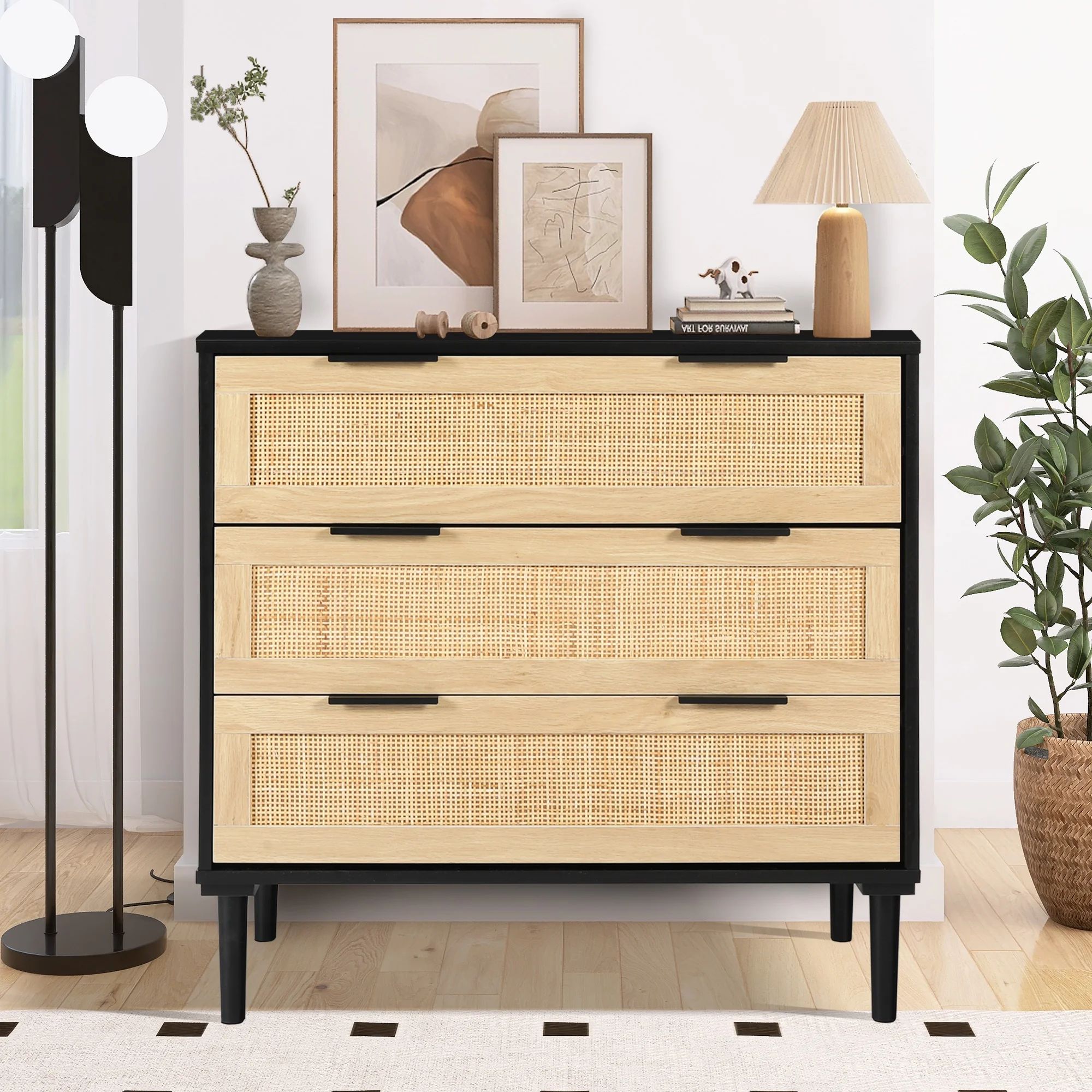 LAZZO 3 Modern Drawer Dresser Rattan, Wooden Dresser Chest of Large Storage Cabinet | Walmart (US)