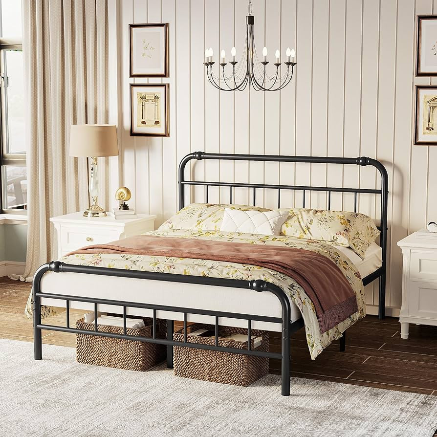 ZIYOO Metal Bed Frame Full Size with Vintage Decor Headboard and Footboard, 14 Inch High, Heavy D... | Amazon (US)