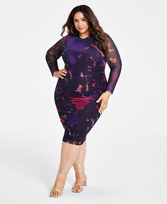 Trendy Plus Size Scoop-Neck Long-Sleeve Mesh Dress | Macy's Canada
