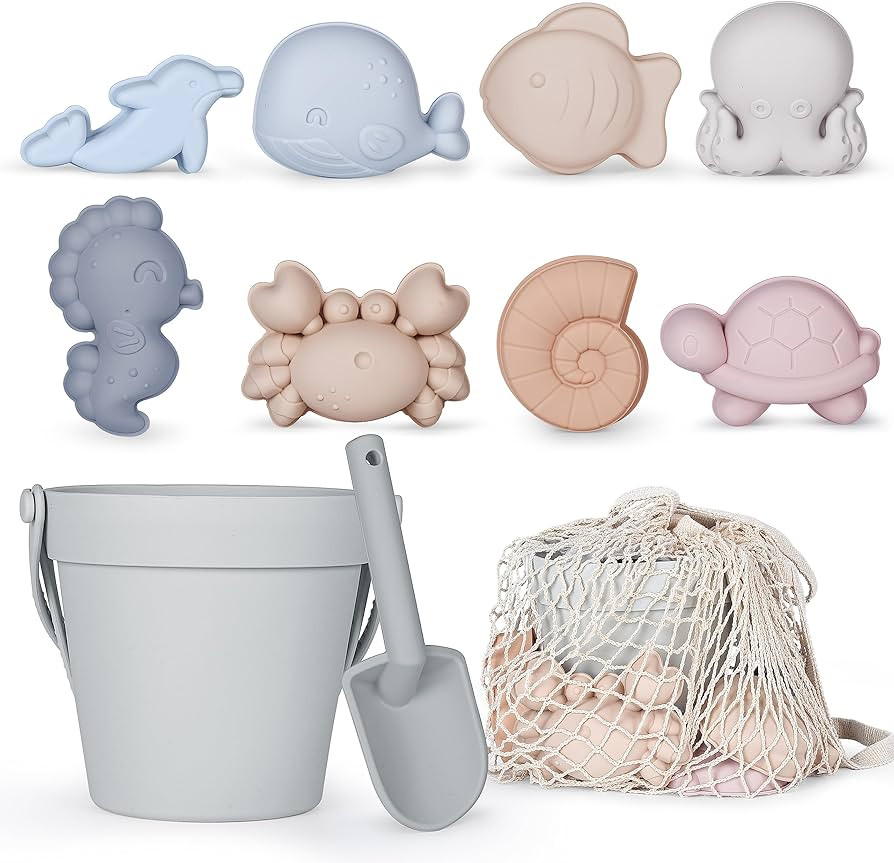 MarcZero 11Pcs Silicone Beach Toys Set - Travel Friendly With Bucket, Shovel, 8 Sand Molds, Bag -... | Amazon (US)