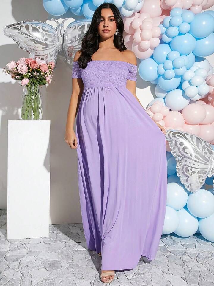 SHEIN Elegant Pregnant Women's Bodycon Lace Off-The-Shoulder Maxi Dress, For Party | SHEIN