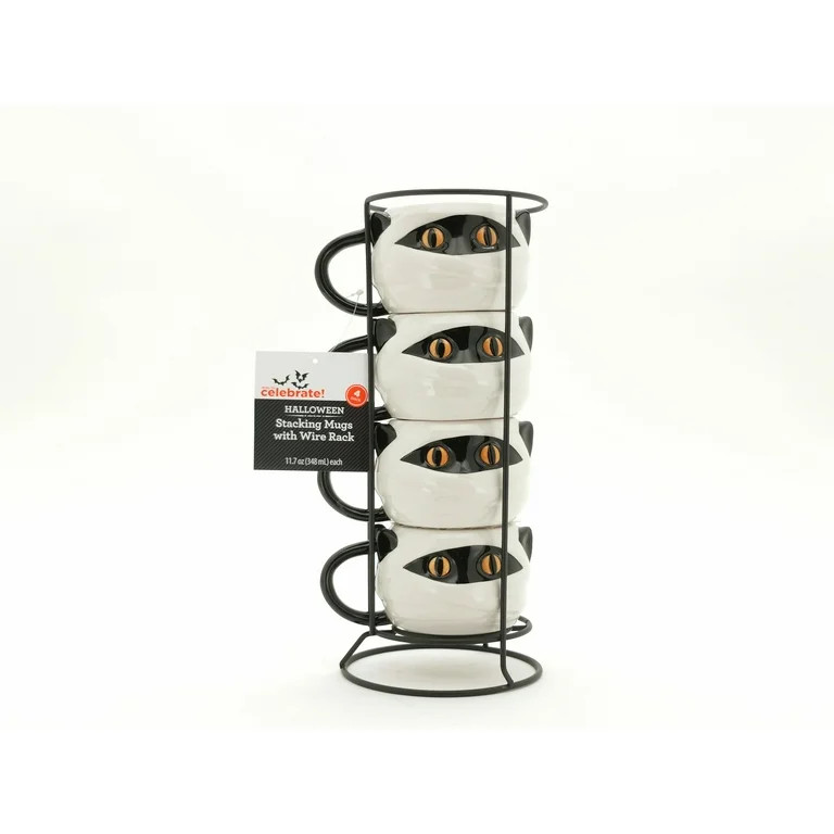 Way to Celebrate! Black and White Mummy Kitty Mug Stack, 12 fl oz Stoneware | Walmart (US)