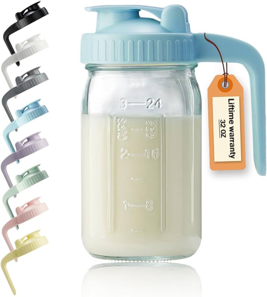 32oz Glass Pitcher with Lid & V-shaped Pour Spout - 1 Quart Breastmilk Pitcher Double Leak Proof,... | Amazon (US)