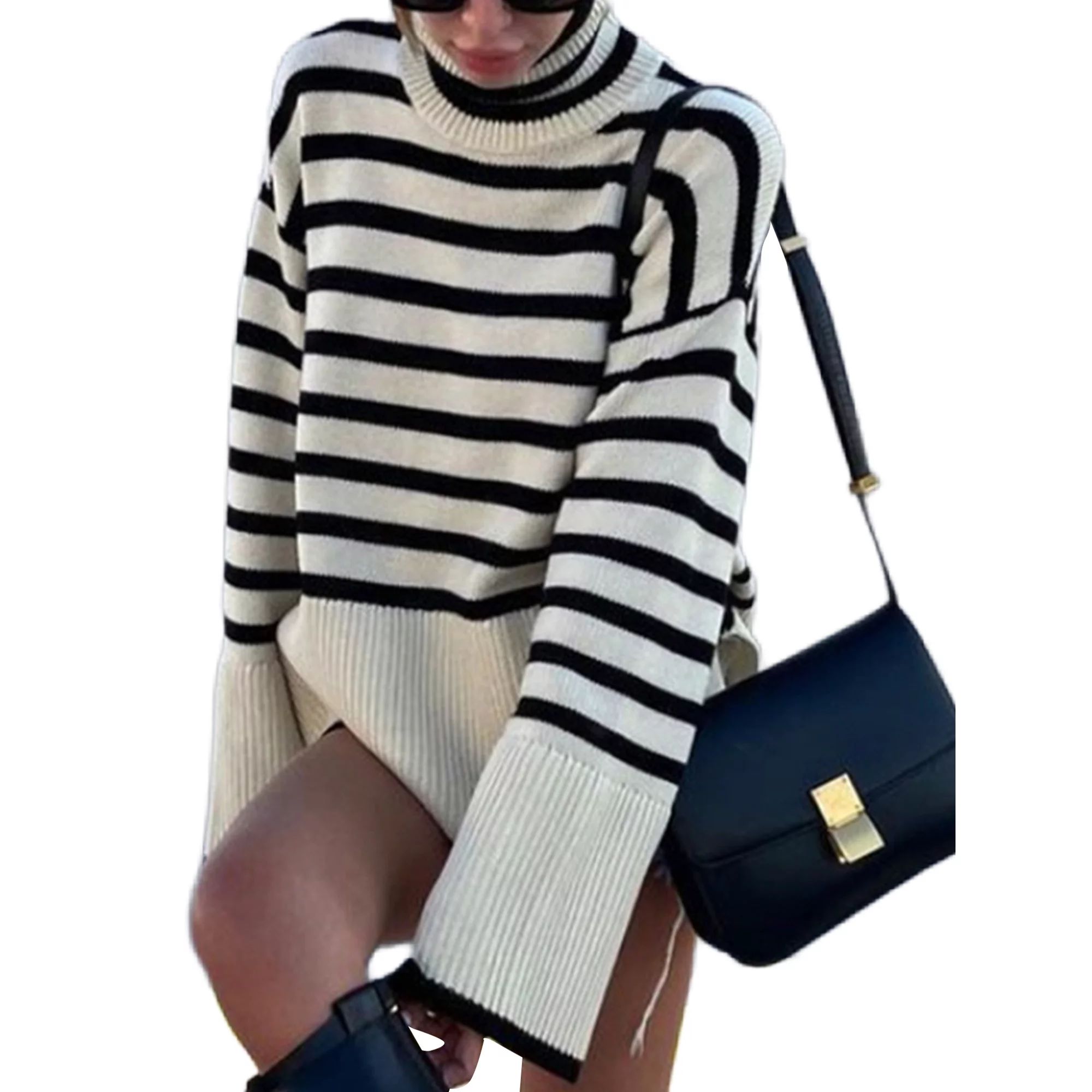 Frontwalk Long Sleeve Knitted Sweater for Women Casual Stripe Turtleneck Sweaters Jumper Pullover | Walmart (US)