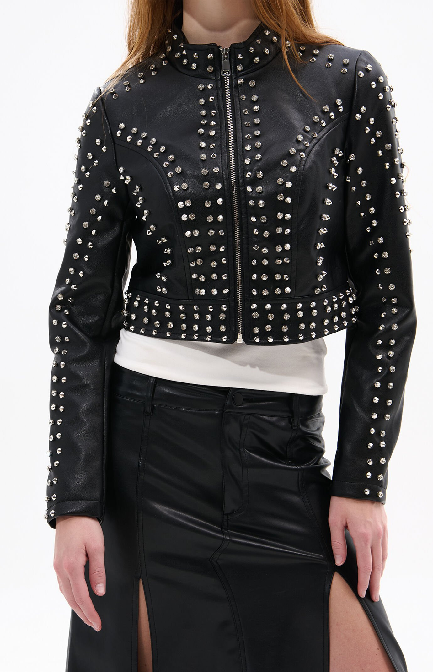 AZALEA WANG Women's Silvia Crystal Faux Leather Moto Jacket in Black - Size XL | PacSun