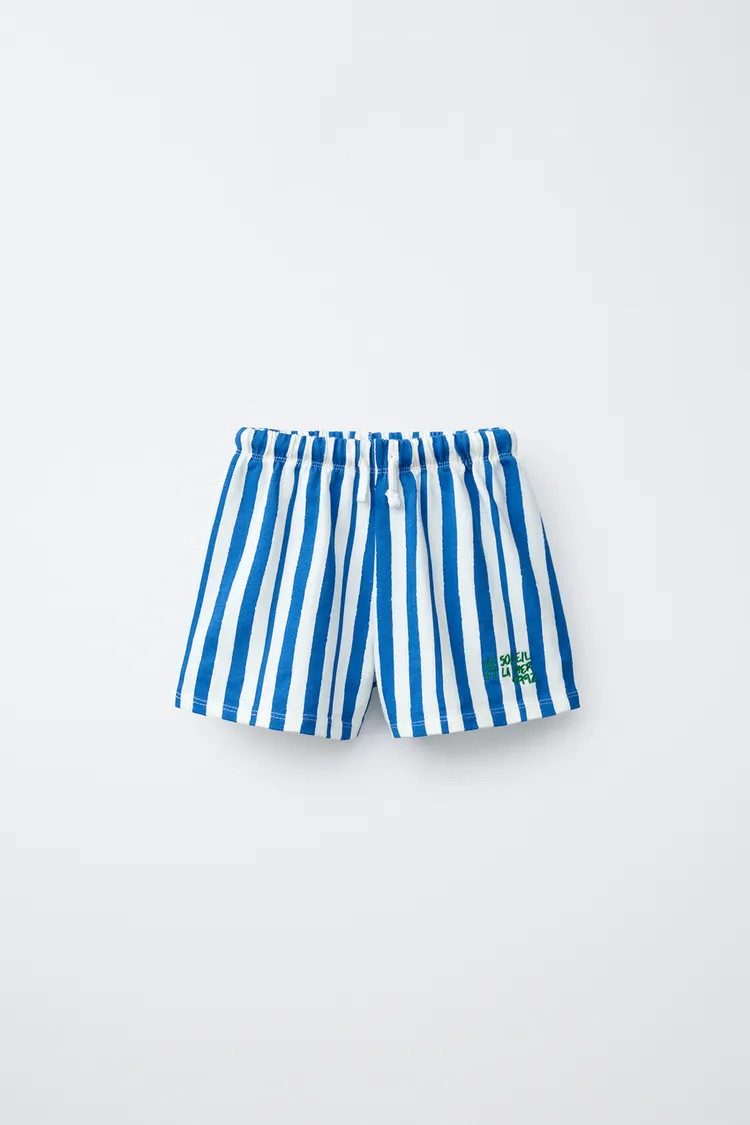 Zara - Striped Bermuda Shorts With Embroidered Text - Light Blue - 1½ Years (86 Cm) - Kids | Zara UK
