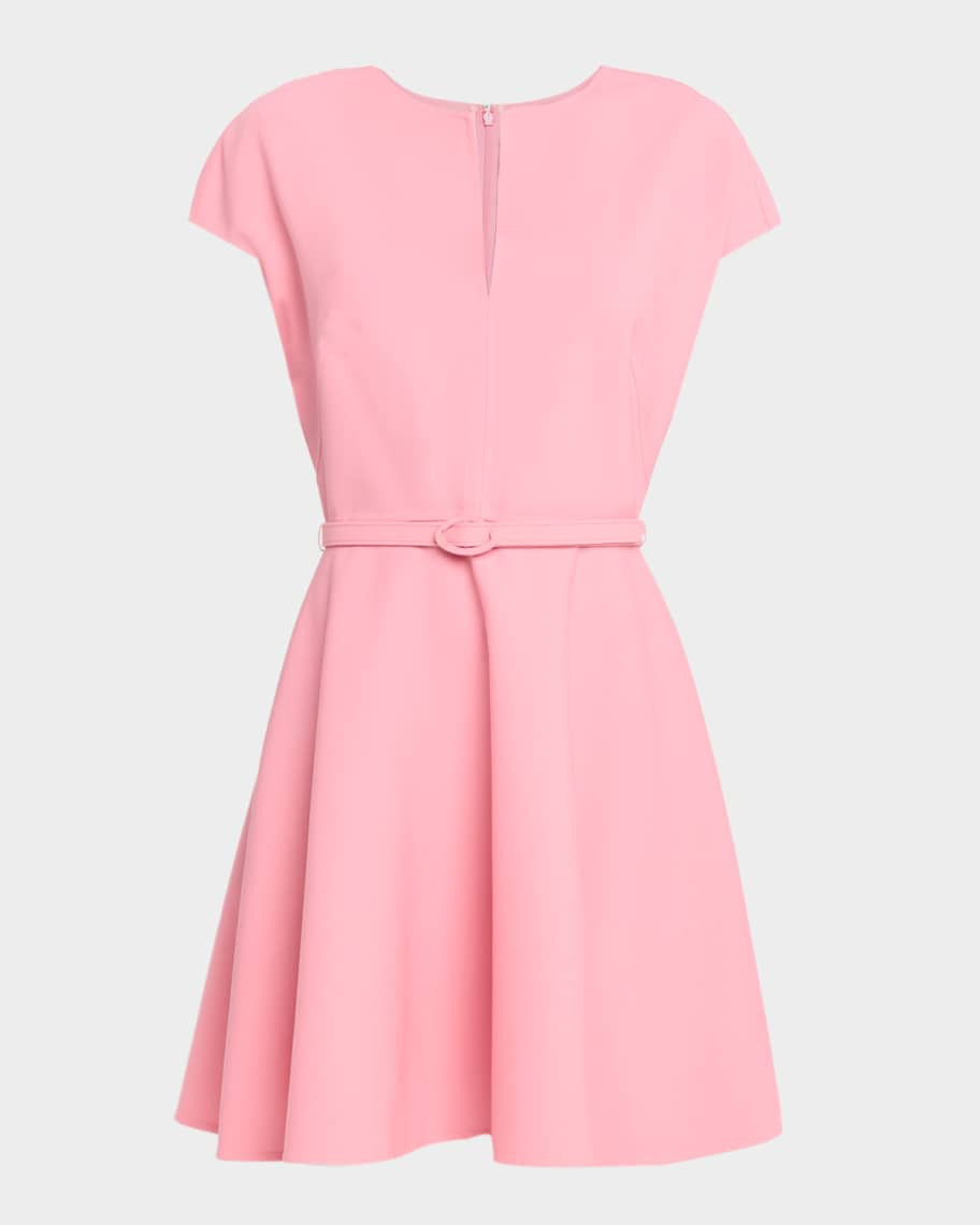 Oscar de la Renta Short-Sleeve Split-Neck Belted Mini Dress | Neiman Marcus