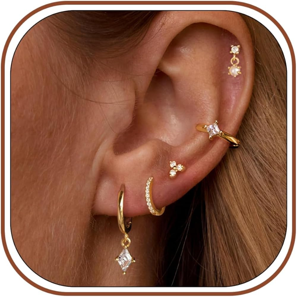 5 Pairs Gold Earring Stacks, 14K Gold Plated Stud Stack Earrings Set Dainty Cartilage Dangle Earr... | Amazon (US)
