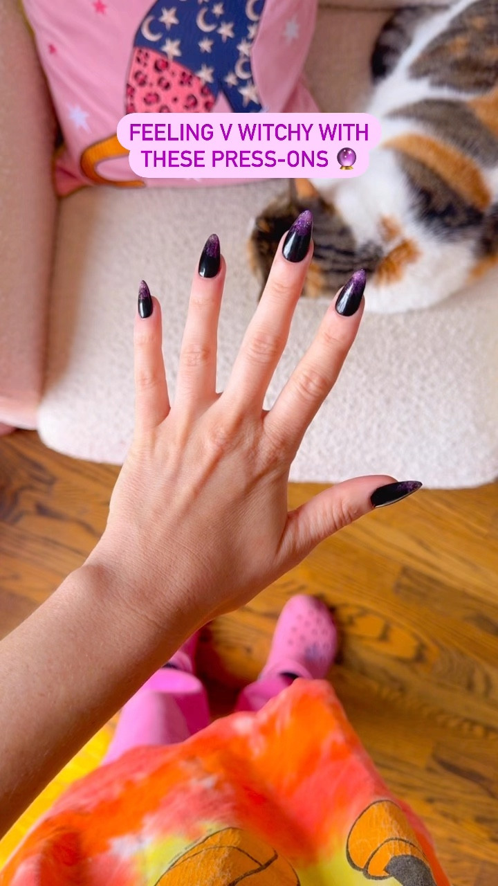 witchy nails for spooky season 🔮✨ and these are nice and thick because they are hand-painted gel polish-not machine printed! 

Champagne wears almond shaped press on nails, gel UV polish black and purple ombré glitter. Dark romance Halloween.

#spooky #halloween #nail #nails #nailbeauty #pressons #pressonnails #nailhack #beauty #nailpolish 

#LTKHoliday #LTKSeasonal #LTKHalloween