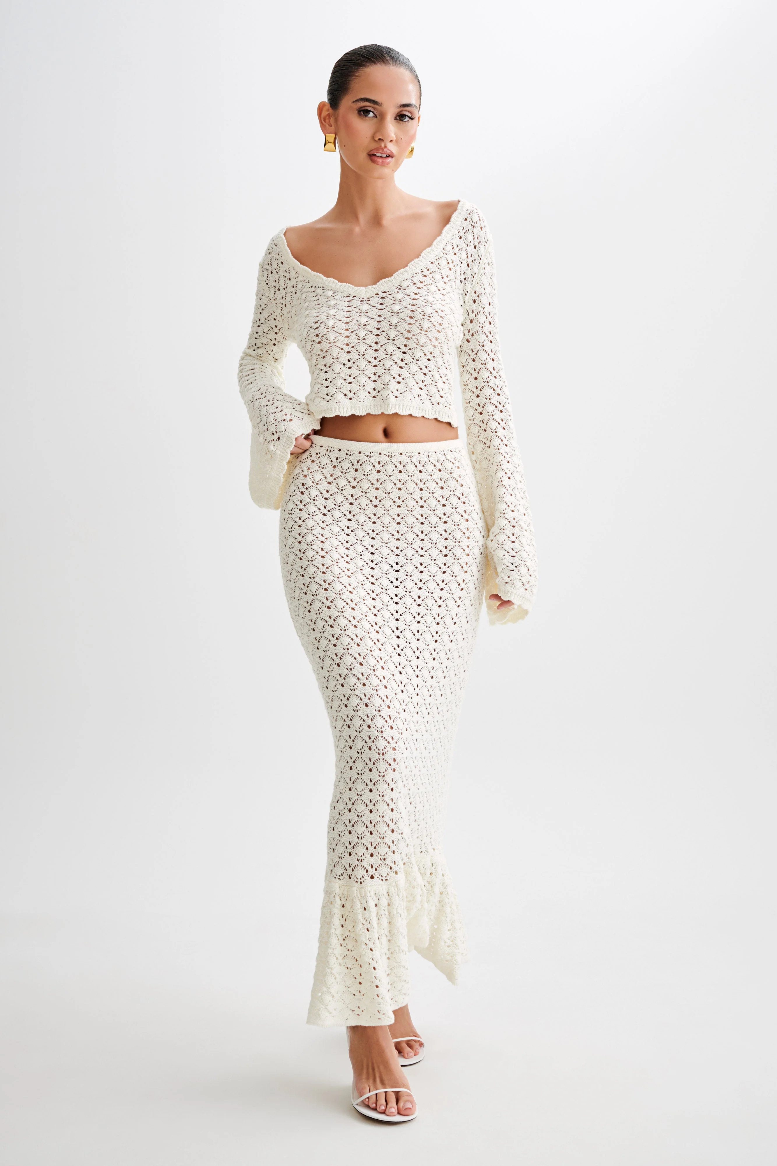 Anais Scalloped Long Sleeve Knit Top - Ivory | MESHKI US