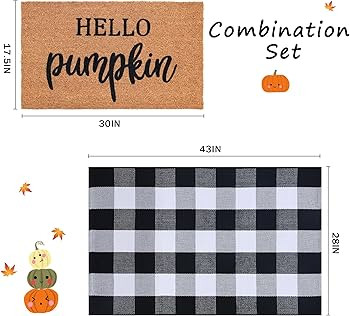 Fall Decor Doormat Combo Set, 100% Coco Coir Welcome Mat + 28 x 43 Inches Black and White Plaid R... | Amazon (US)