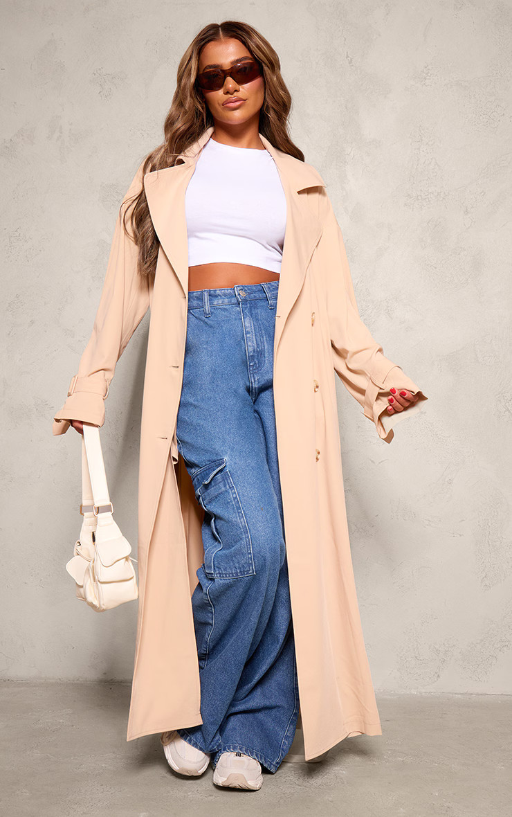 Stone Oversized Floaty Maxi Trench Coat | PrettyLittleThing US