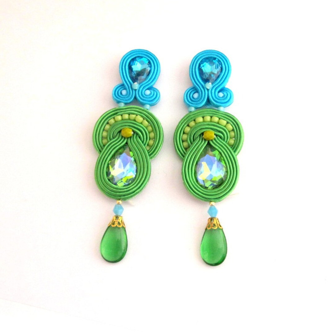 Long Blue Clip on Earrings, Soutache Earrings, Drop Earrings, Blue Earrings, Green Earrings, Dang... | Etsy (US)