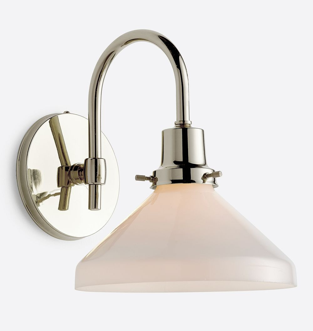 Rejuvenation Eastmoreland arched sconce in polished nickel with opal shade