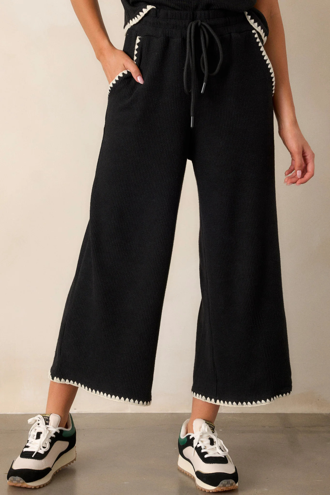 Anytime Now Black Blanket Stitch Wide Leg Pants | Red Dress