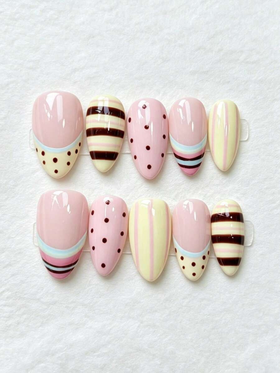 10pcs Almond-Shaped Nude Pink Transparent Base Handmade Wearable Nail Tips, Hand-Painted Macaron Color-Block Striped Polka Dot French Sweet Daily Nail Art Stickers, Reusable, Suitable For Beach Vacation Party, Summer Daily Girls Holiday Gift | SHEIN