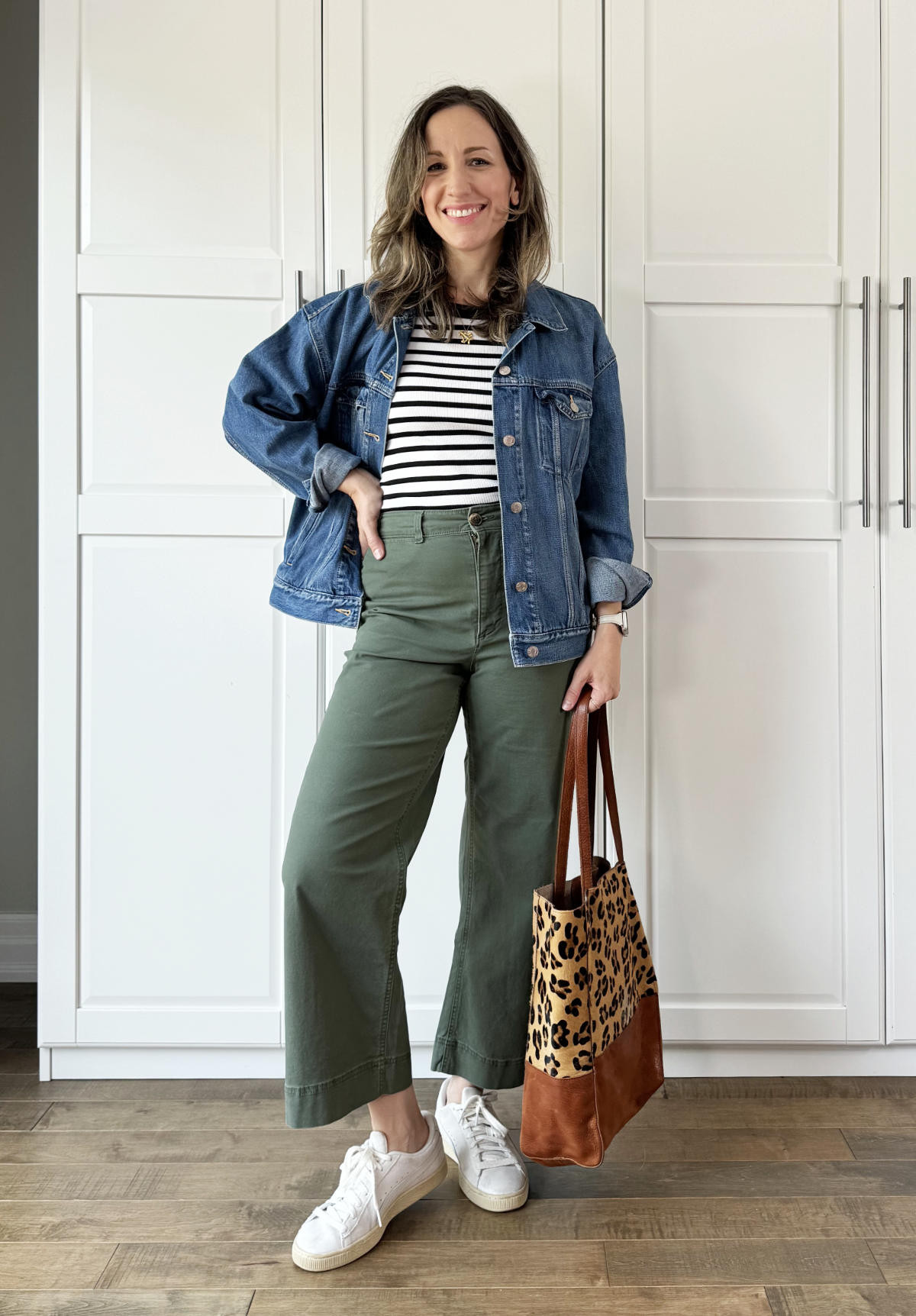 Olive green pants with stripes and denim jacket - fall outfit 

#LTKSeasonal #LTKOver40