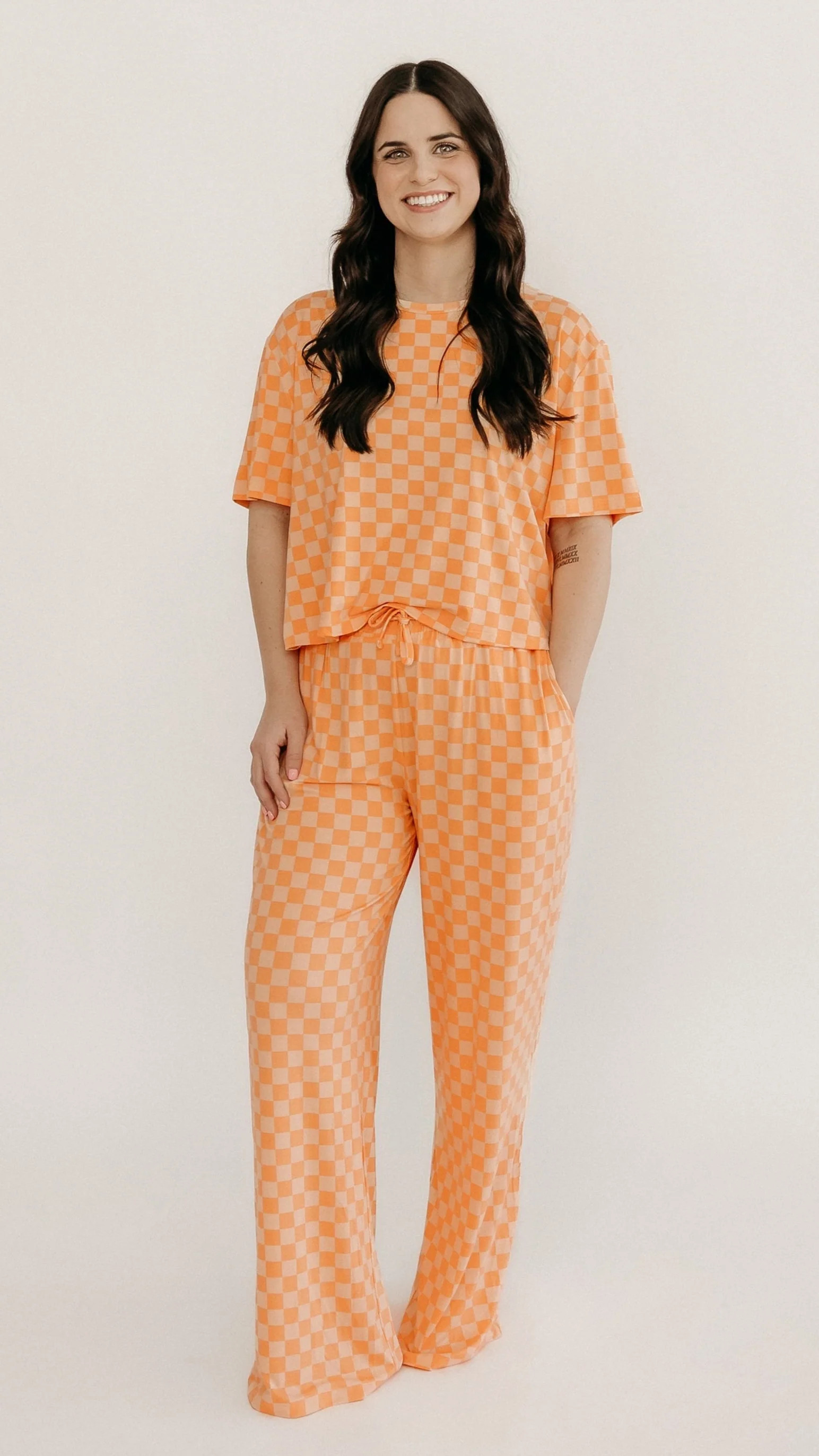 Womens T-Shirt Lounge Set In Orange Checkered | Silks Design