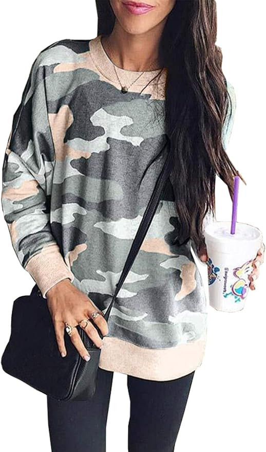 BTFBM Women Sweatshirts Crew Neck Long Sleeve Camouflage Casual Fit Sweatshirt Pullover Tops Shir... | Amazon (US)