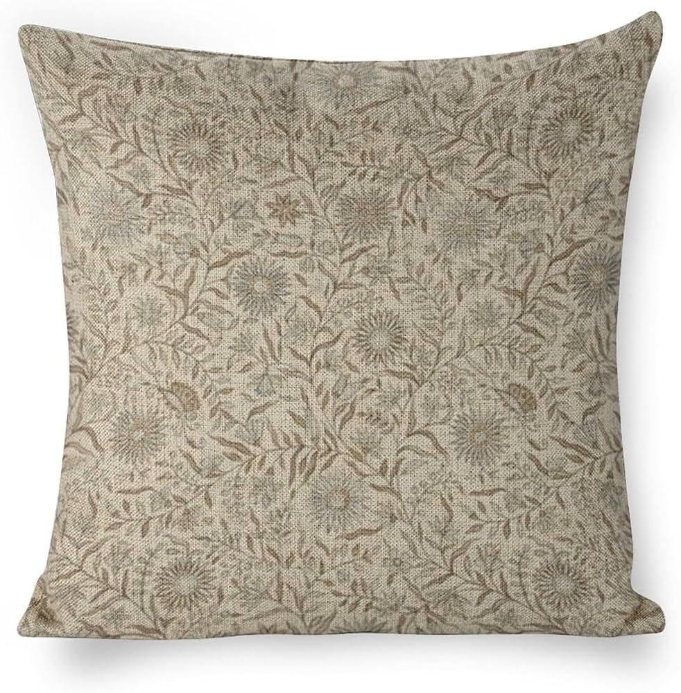 Throw Pillows Covers Designer Pale Light Blue and Brown Floral Pillow Cover Natural Style Lined Linen Throw Pillow Cases Cushion Cover for Bed/Sofa 18X18 Inch Natural Linen | Amazon (US)
