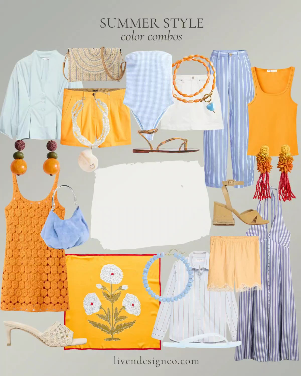 Summer color combos. Style inspiration. Light blue. Linen pants. Gingham swim. Statement earrings. Orange shorts. J. Crew. Banana Republic. Mango. Lace shorts. Wedges. Platforms. 

 #LTKSeasonal #LTKSaleAlert