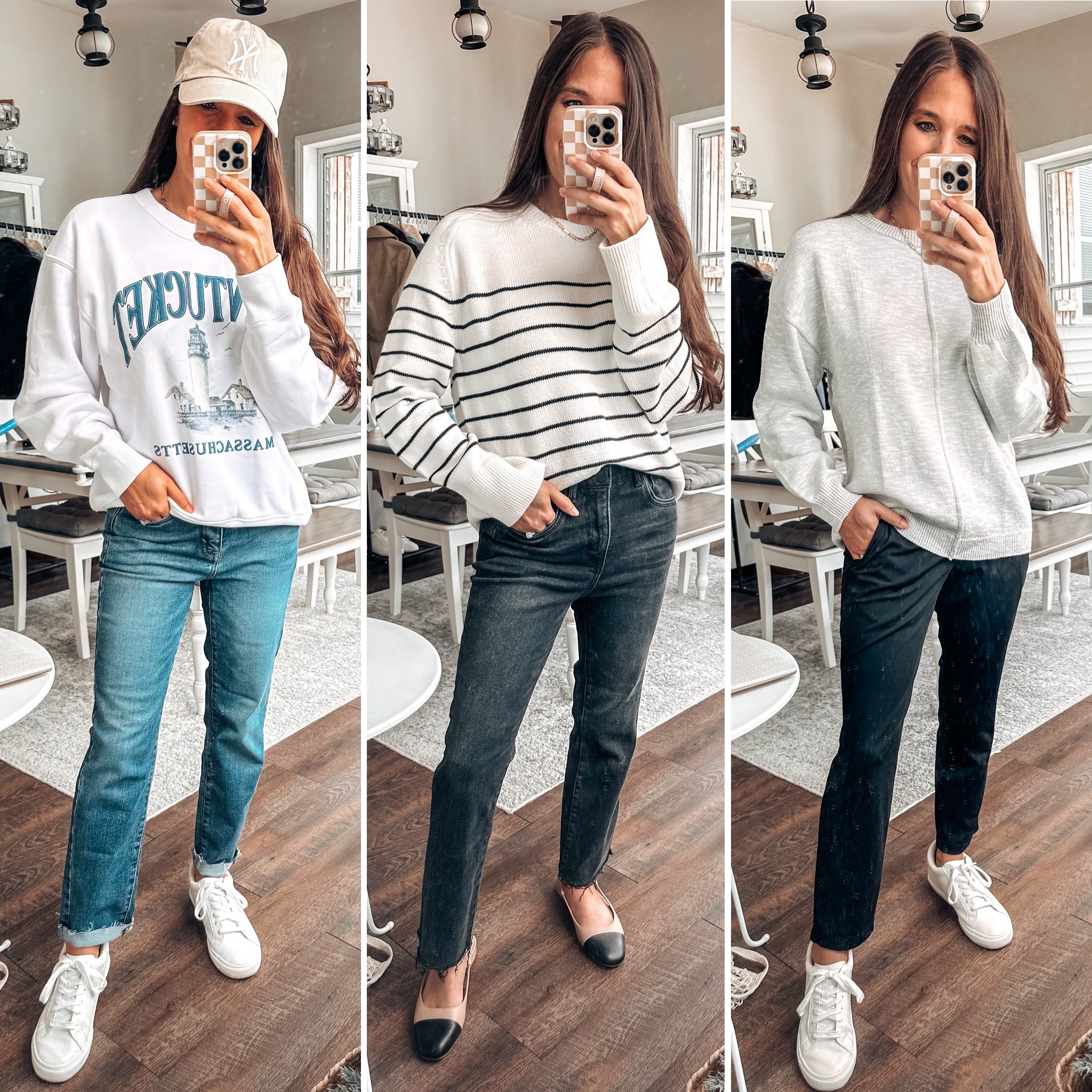 Fall Capsule wardrobe outfit ideas! 
Striped sweater XS 
Sweatshirt XS 
Gray sweater small 
Pants tts 
Joggers XS  
Shoes tts 

#LTKFindsUnder100 #LTKFindsUnder50 #LTKStyleTip