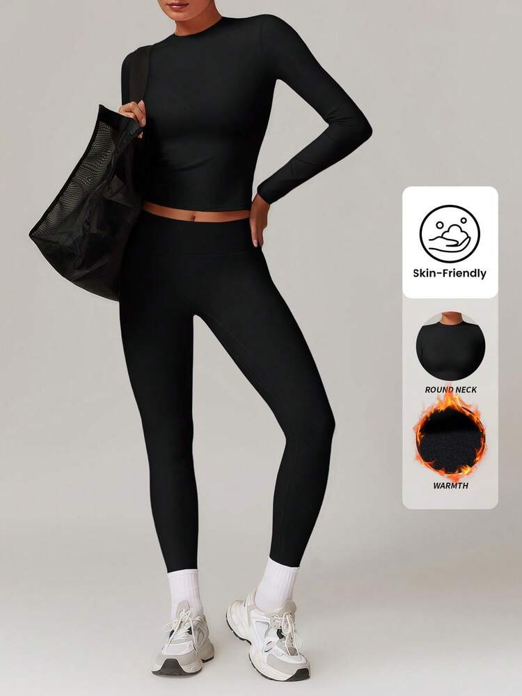 Yefecy Two Pieces Set Women's Solid Long Sleeve Skinny Tee & High Waist Leggings Tracksuit Set, Sporty Breathable Quick Drying Outfits For Yoga Gym Workout Running Fitness. Active Wear, Ladies Sportswear For All Seasons,Gym Outfits, Gym Wear | SHEIN