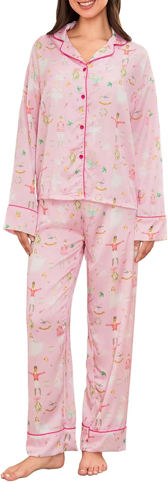 Women Christmas Pajama Set Y2k Nutcracker Long Sleeve Shirt and Pjs Pants Cute Satin Pajama Outfi... | Amazon (US)