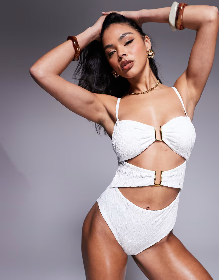Boux Avenue broderie u wire cut out swimsuit in white | ASOS (Global)