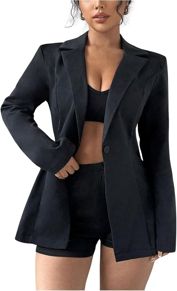 SweatyRocks Women's 2 Piece Outfits Long Sleeve Button Blazer and Fitted Shorts Business Suits | Amazon (US)
