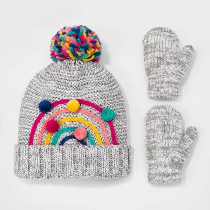 Toddler Girls' Rainbow Pom Beanie with Mittens - Cat & Jack™ Heather Gray | Target