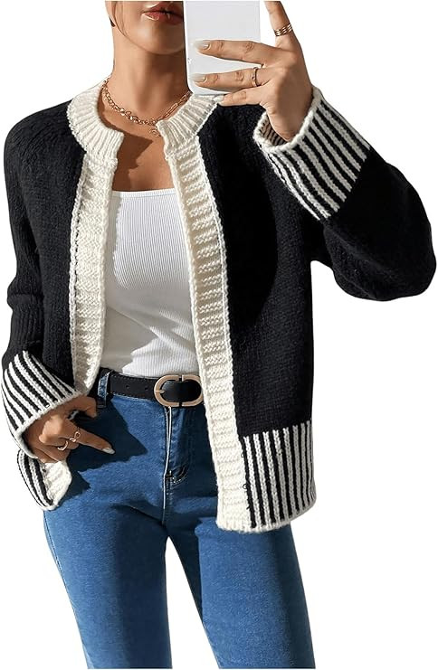 Women's Striped Cardigans Crew Neck Long Sleeve Sweaters Elegant Fall Clothes | Amazon (US)