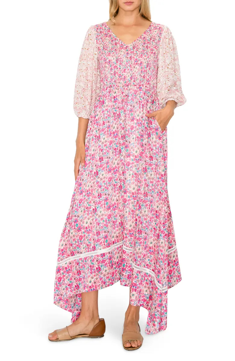 MELLODAY Mixed Media 3/4 Puff Sleeve Maxi Dress | Nordstromrack | Nordstrom Rack