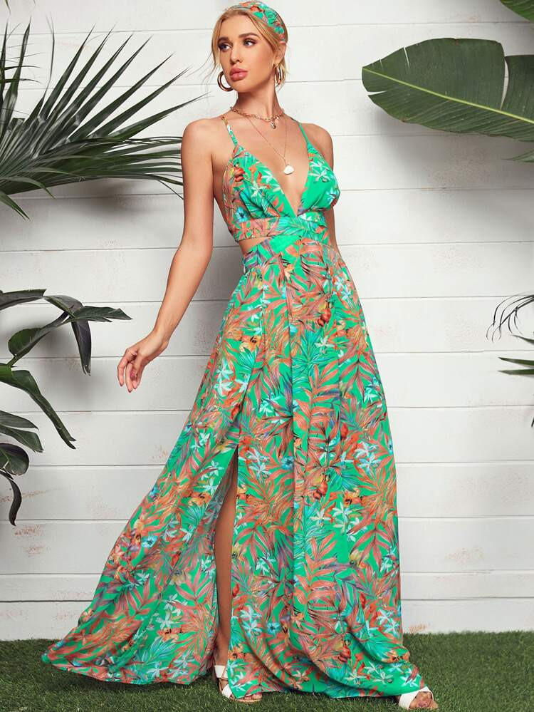 SHEIN Plunging Neck Crisscross Tie Back Split Tropical Print Maxi Dress | SHEIN