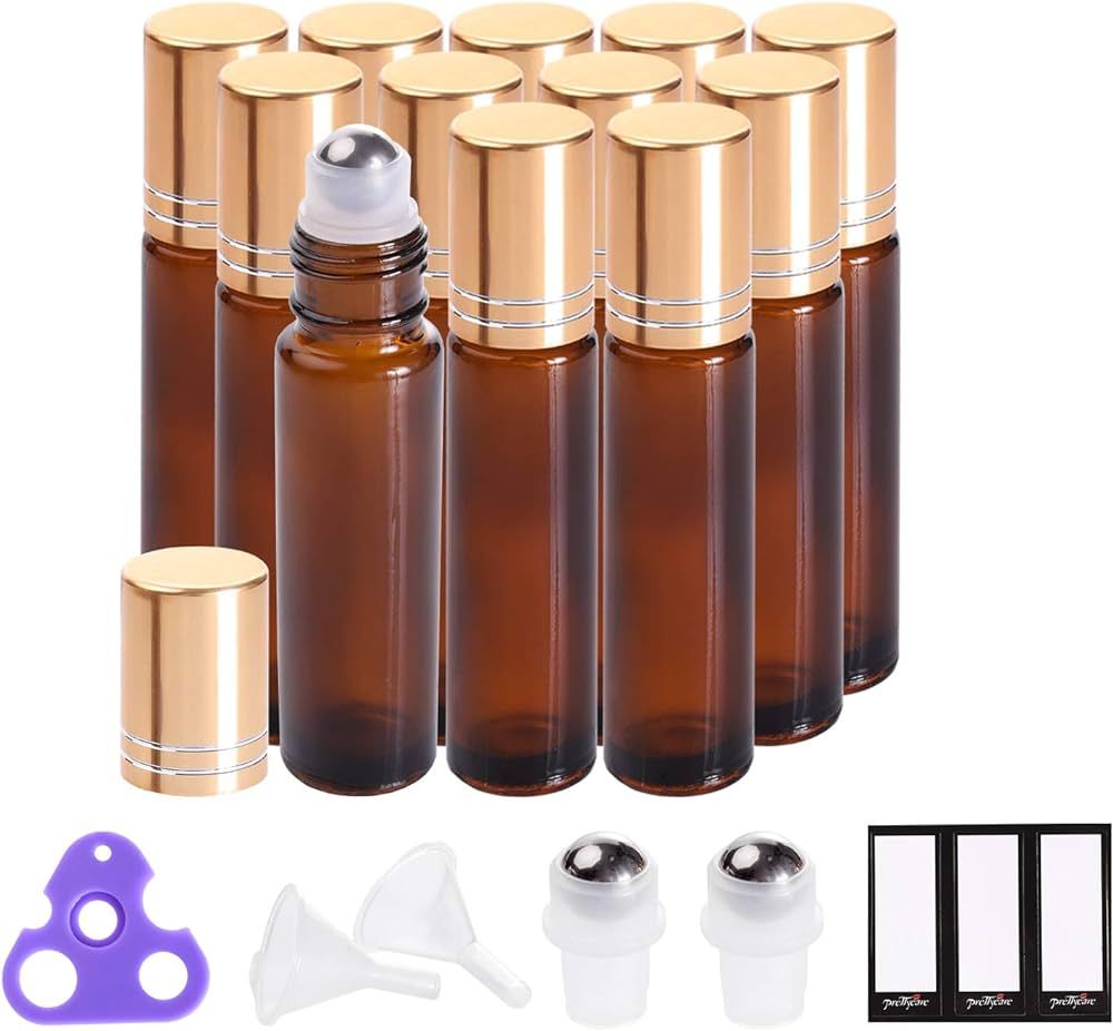PrettyCare Essential Oil Roller Bottles (10ml Amber Glass, 12 Pack) With 2 Extra Roller Balls, 24... | Amazon (US)